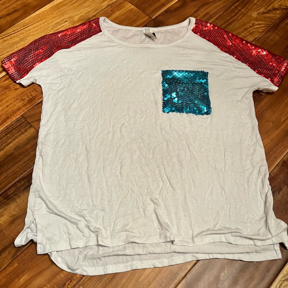 Women’s blue and red sequins tee. Size medium